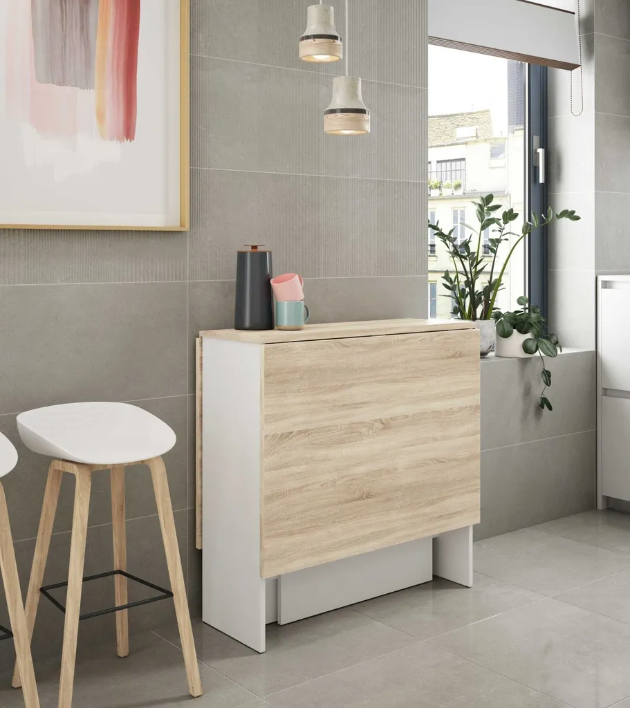 CALICOSY Table pliable H78 cm Fly - Console d'appoint bois et blanc - 12