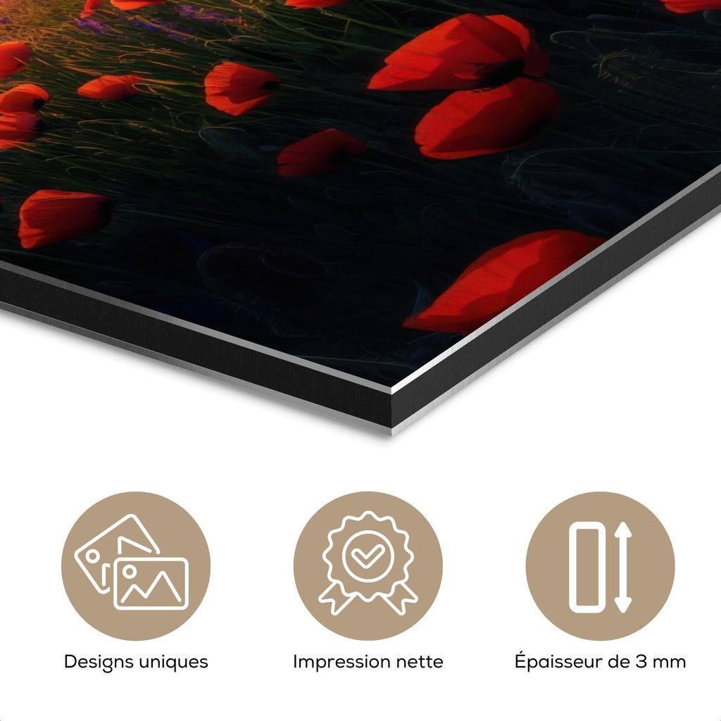 MuchoWow Wanddekoration Metall Metallbild Wandkunst 90x90 cm Landschaft - Sonnenuntergang - Blumenfeld MuchoWow Aluminium Gemälde - Dekoration - I...