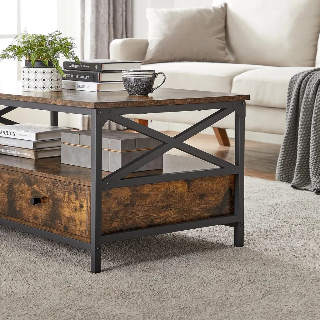 Table Basse avec Tréteaux en X et Double Tiroir de Rangement 100cm - 9