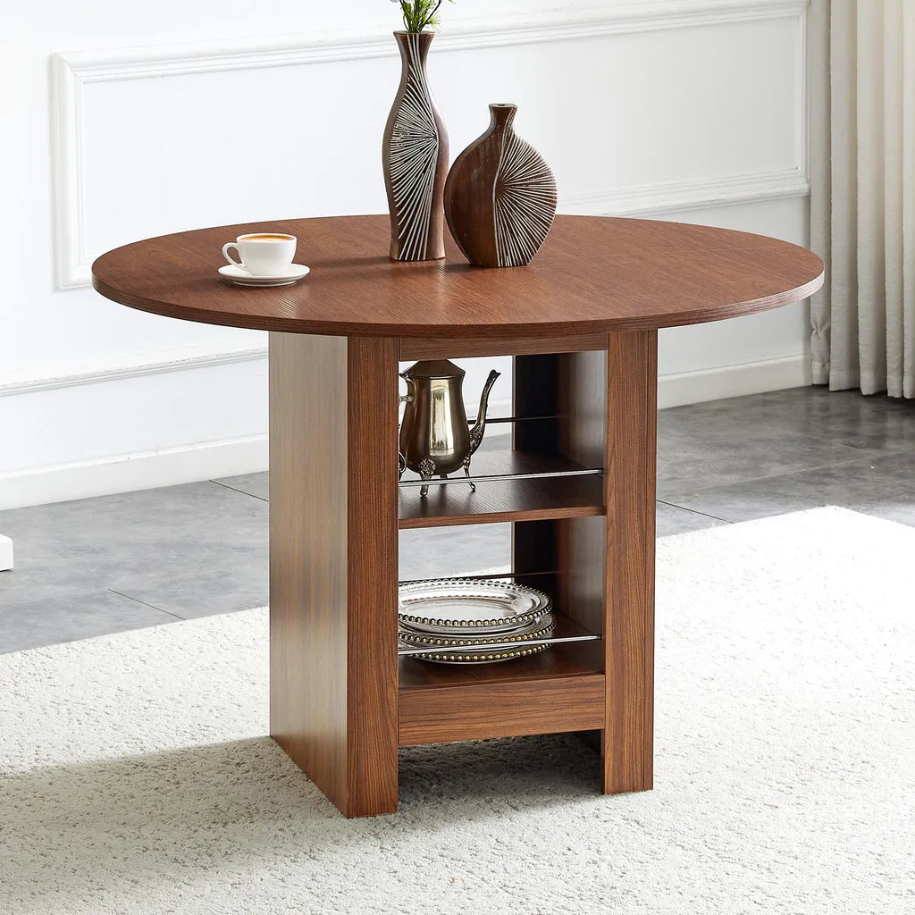Table à manger ronde style scandinave bois de noyer et niches de rangement