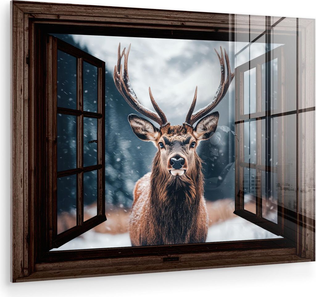 MuchoWow Glasbilder - Bilder auf Wandbild - Foto auf Glas Durchsichtig - Hirsche - Tiere - Landschaft - Winter - Schnee - Ländlich 80x60 cm Wandde...