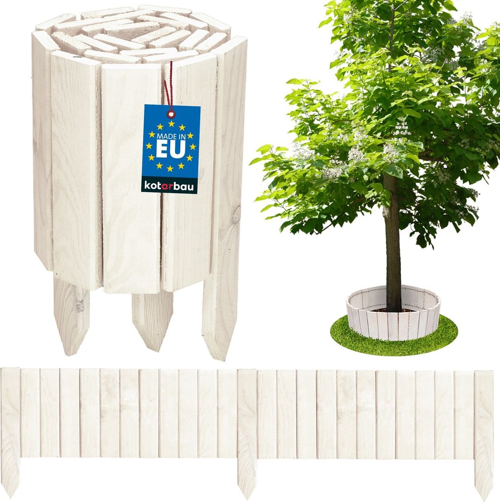 A collage of wooden garden edging products, including a tree planter, a roll of edging, and a tree with a planter around its base.