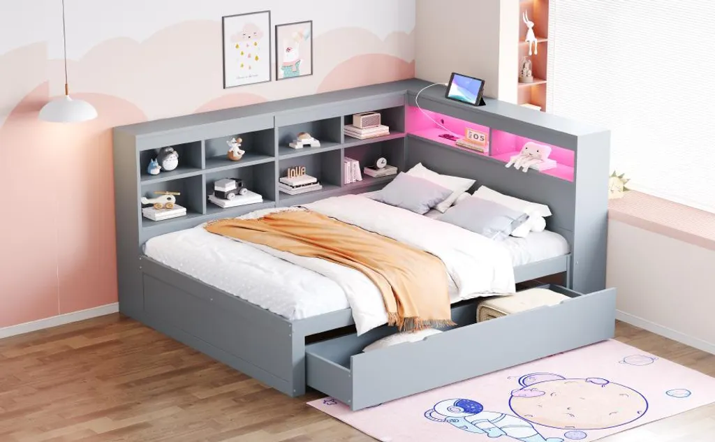 Lit double 140x200 Fortuna Lai en bois gris avec USB et LED intégrées