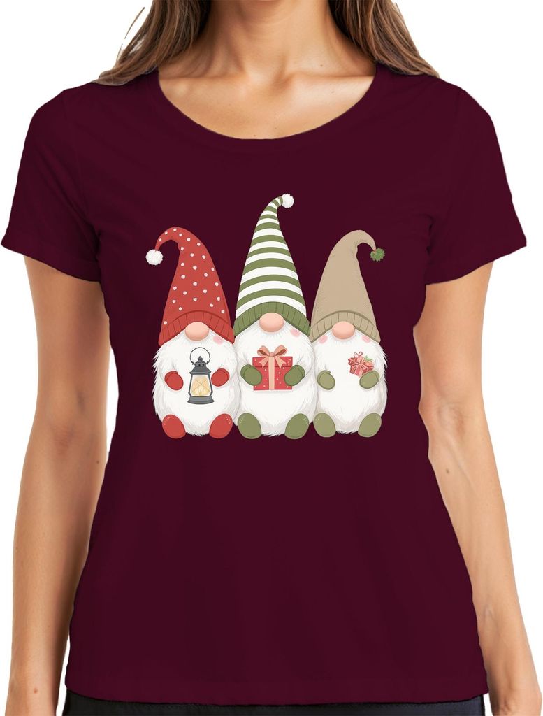 Weihnachtswichtel Weihnachtsgnome Drei Wichtel Geschenk Laterne Damen T-Shirt, Burgundy, M
