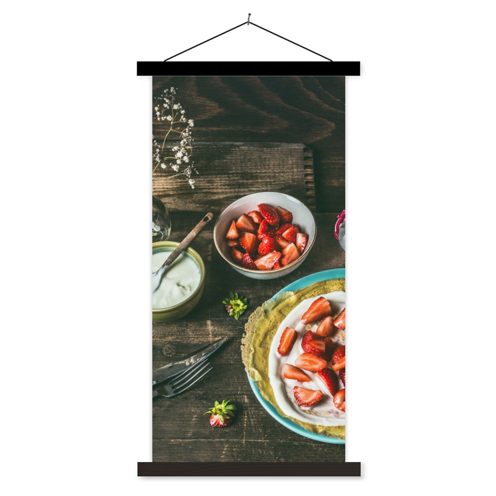 MuchoWow Textilposter Erdbeere - Rustikal - Obst - Rustikale Blumen 60x120 cm mit schwarzem Rahmen - Magnete