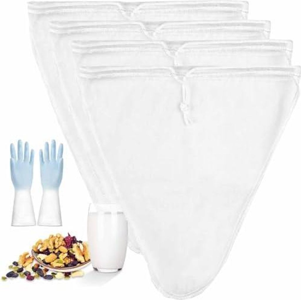 4 Stück Nussdrinkbeutel, 30 * 30cm Passiertuch Wiederverwendbar Feingewebt Käsetuch Waschbar mit Kordelzug für Käse Fruchtsaft Kaffee Gemüsesa...
