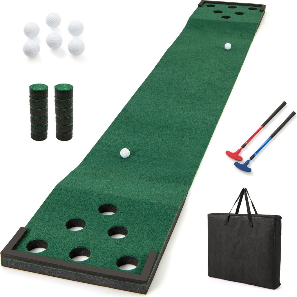 COSTWAY 332 x 50 cm Golf Pong Puttingmatte, Putting Green mit 2 verstellbaren Puttern, 6 Bällen & 12 Lochabdeckungen, Golfmatte, Trainingsmatte
