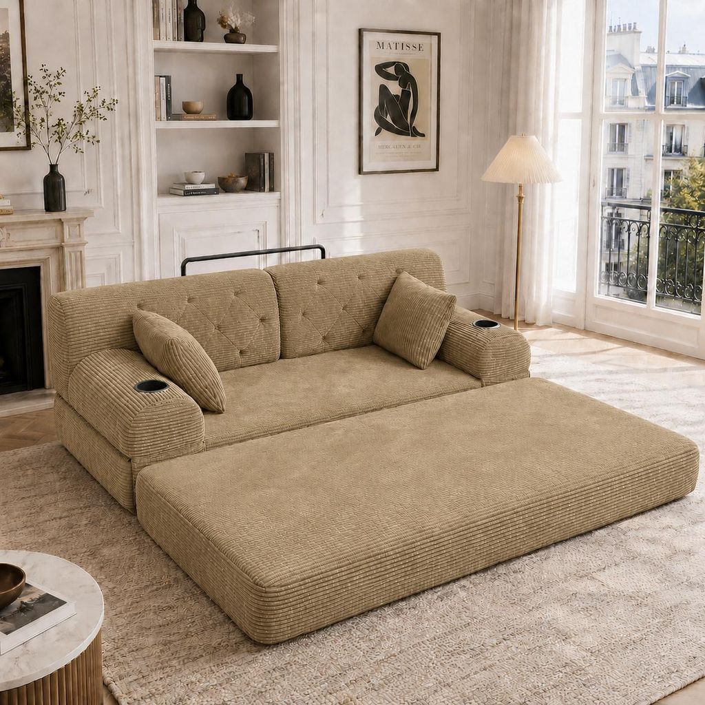 2-Sitzer Schlafsofa mit Schlaffunktion, komprimiertes Cord Sofa mit hoher Rückenlehne, stabiles Gästebett Couch mit 2 Getränkehaltern und 4 Seit...