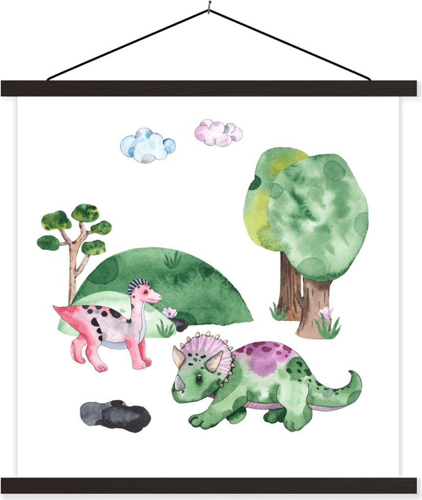 MuchoWow Textilposter Kinderzimmer - Dinosaurier - Weiß - Jungen - Mädchen - Kinder 40x40 cm mit schwarzem Rahmen - Fotos
