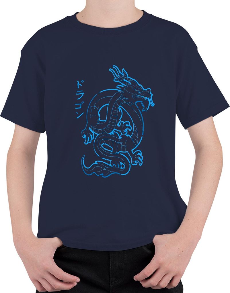 Japanischer Drache Neon Blau Katakana ドラゴン Cyberpunk Yakuza Retro Uni Kinder T-Shirt, Navy, 140