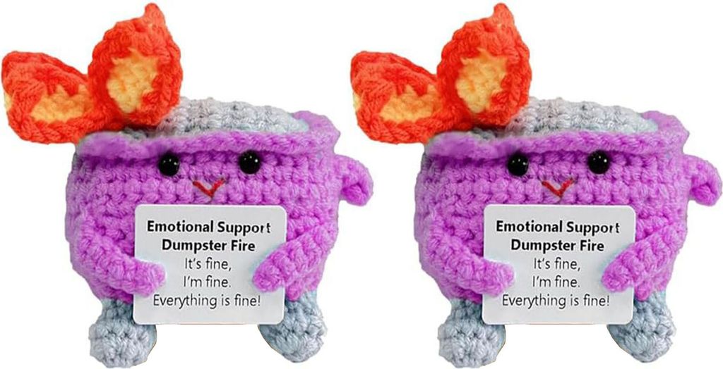 2 Stück positiver gehäkelter Flammen-Mülleimer mit ermutigender Karte, emotionale Unterstützung, handgefertigt, strickender Mülleimer, Puppend...