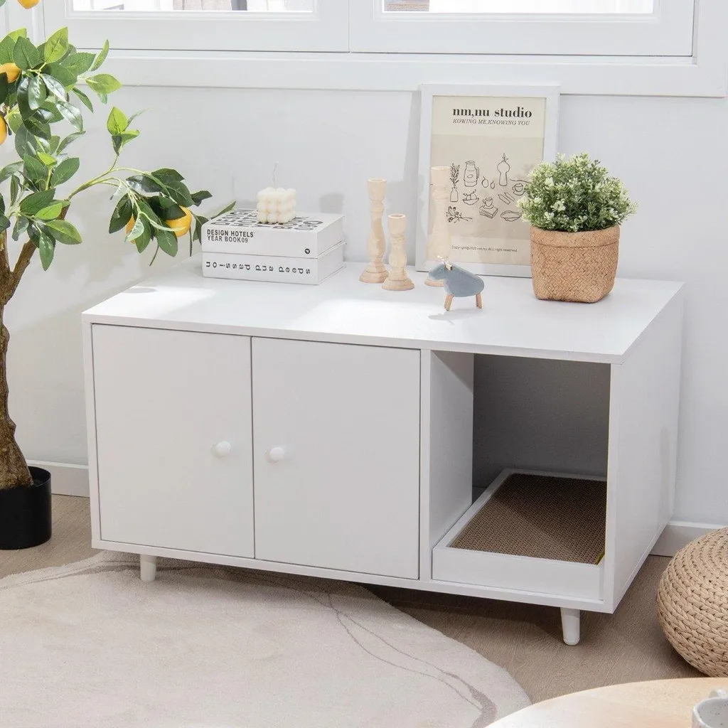 Maison de toilette chat et bout de canapé design bois blanc 90 cm