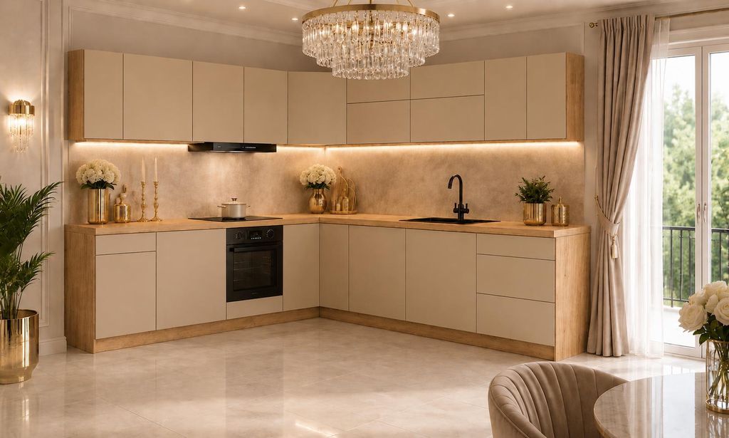 Eckküchenzeile 230x250 cm L-Form Winkelküche Küchenblock Einbauküche ohne Arbeitsplatte, LETANO Lovo 6 Beige mit Push-To-Open