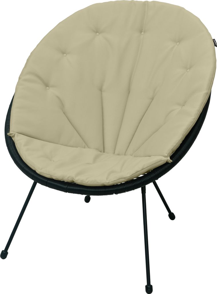 A close-up studio shot of a round, tufted cushion chair with black metal legs.