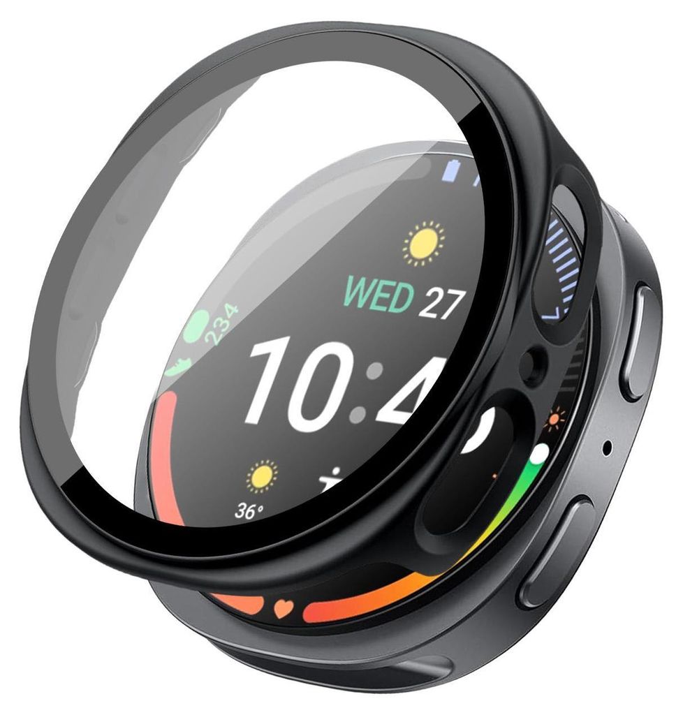 A black smartwatch case with a screen protector is shown from a diagonal angle.