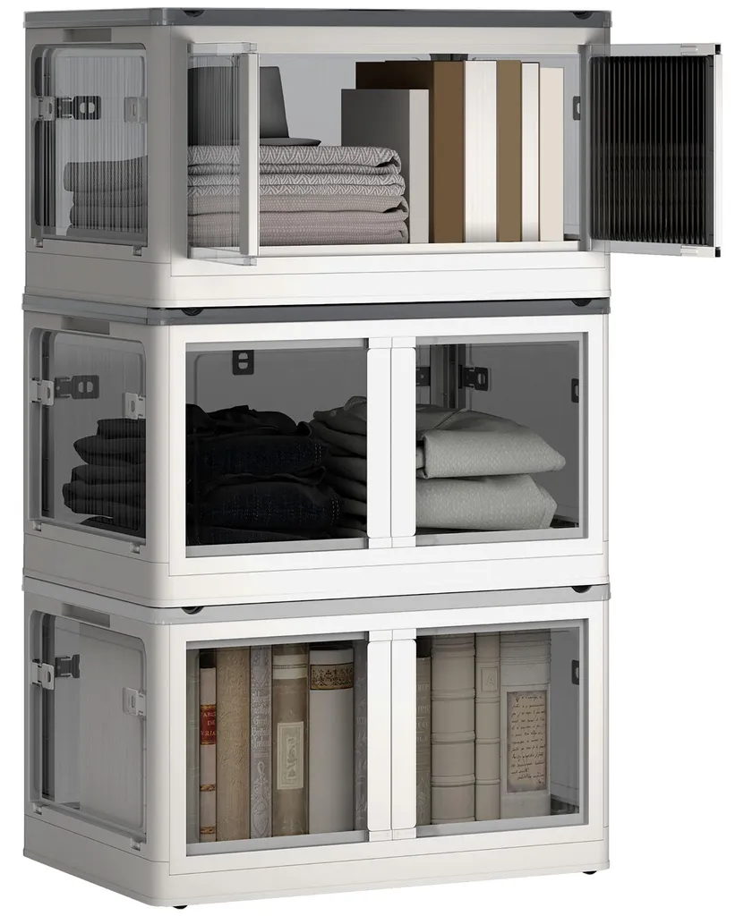 Boîtes de rangement pliables 69L empilables avec couvercle blanc x3