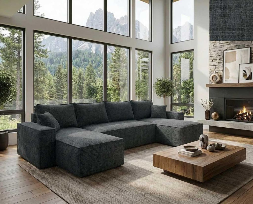Das U-förmige Ecksofa FELINO von Nordelo universell L/R, 150×310×90 cm, 150x280 Schlaffunktion Stoff Cremona Schwarz