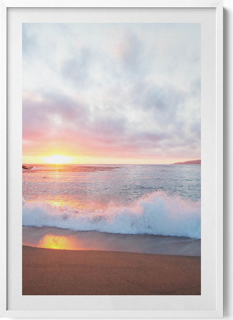 Meeresstrand und Sonnenuntergang– Wandbild mit Rahmen – Gerahmtes Bild – Wanddekoration – 70x100 cm – Weiß Rahmen
