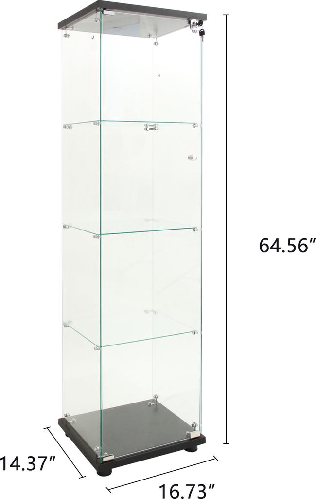 A tall glass display cabinet with three shelves and a black base.