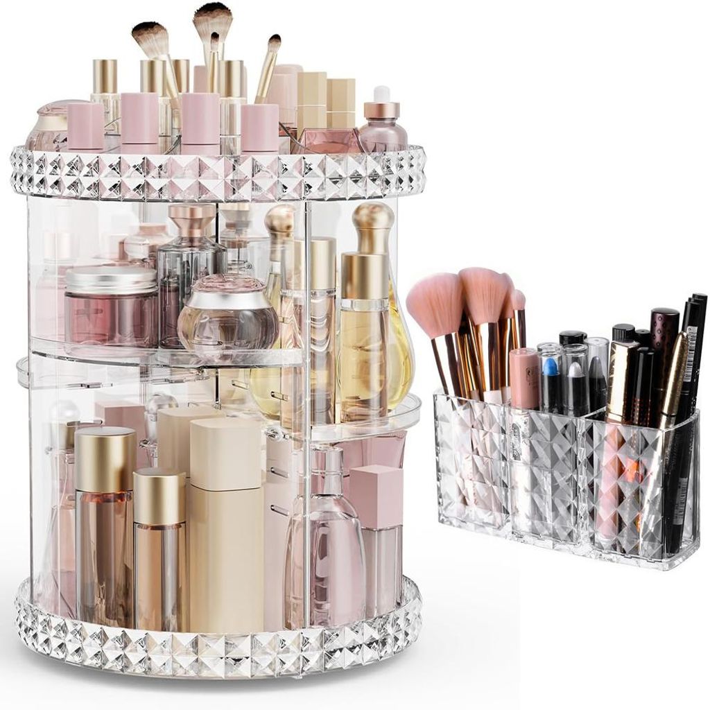2er Set Make-up Organizer,360° Drehbarer Kosmetik Organizer,Kristall Pinselhalter,Acryl Schminkaufbewahrung,Höhenverstellbar,Transparent,Lippenstift