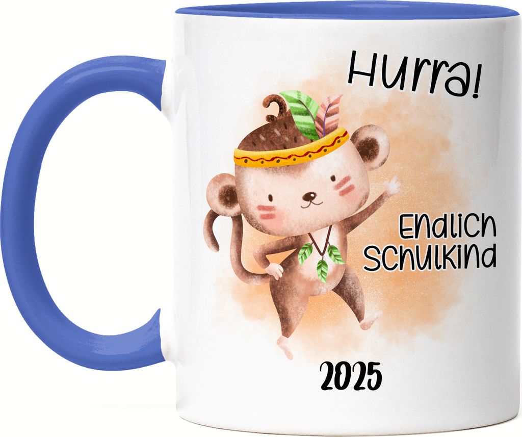 Endlich Schulkind 2025 Affe Tasse Blau Schulstart Geschenk zur Einschulung Sohn Schulanfang Schuleinführung