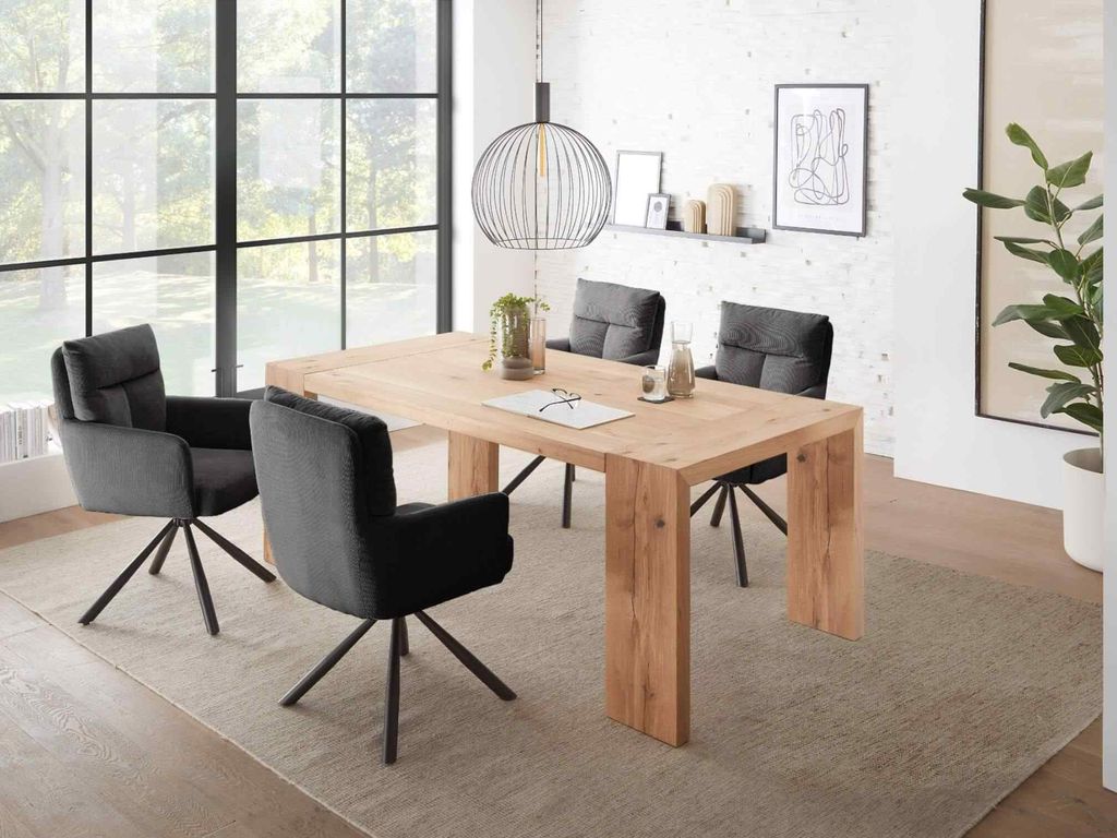 Essgruppe ALASSIO Eiche Massivholz, 4 Stühle in grau gepolstert + Esstisch (BxHxT) 200x76x100 cm