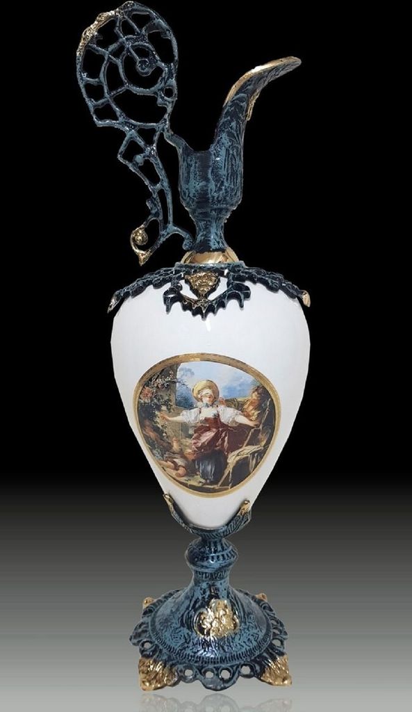 Casa Padrino Luxus Barock Vase in Weinkrug Form Blau / Weiß / Mehrfarbig / Gold 20 x H. 60 cm - Handgefertigte Barockstil Blumenvase - Barock Deko...