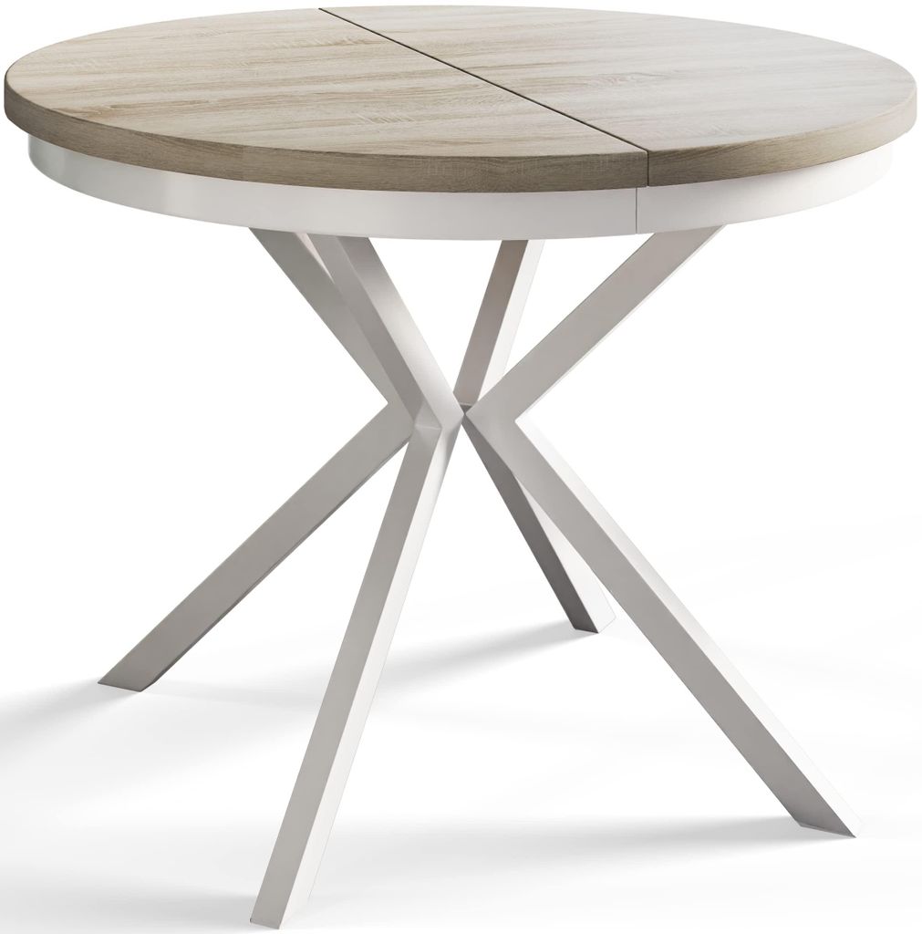 Esstisch Rund Bergo, Esstisch Ausziehbar 90-170 cm, Moderner Wohnzimmertisch, Beige mit Metallbeinen in Weiß