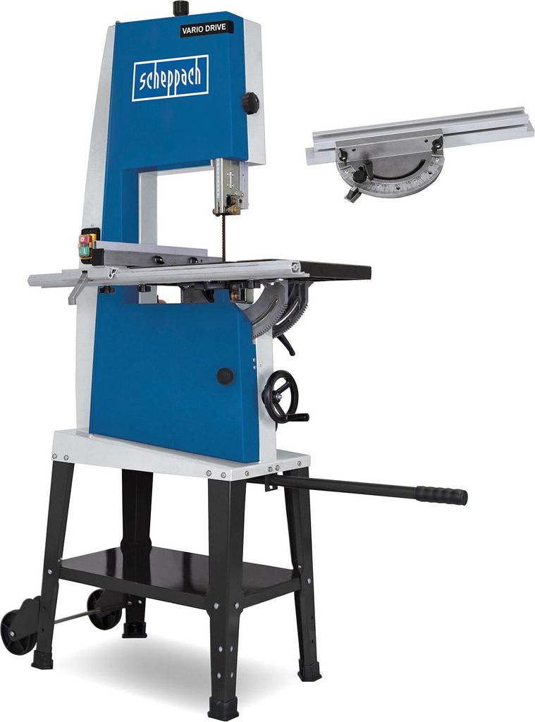 A blue and white bandsaw with a stand and an accessory, presented on a white background.
