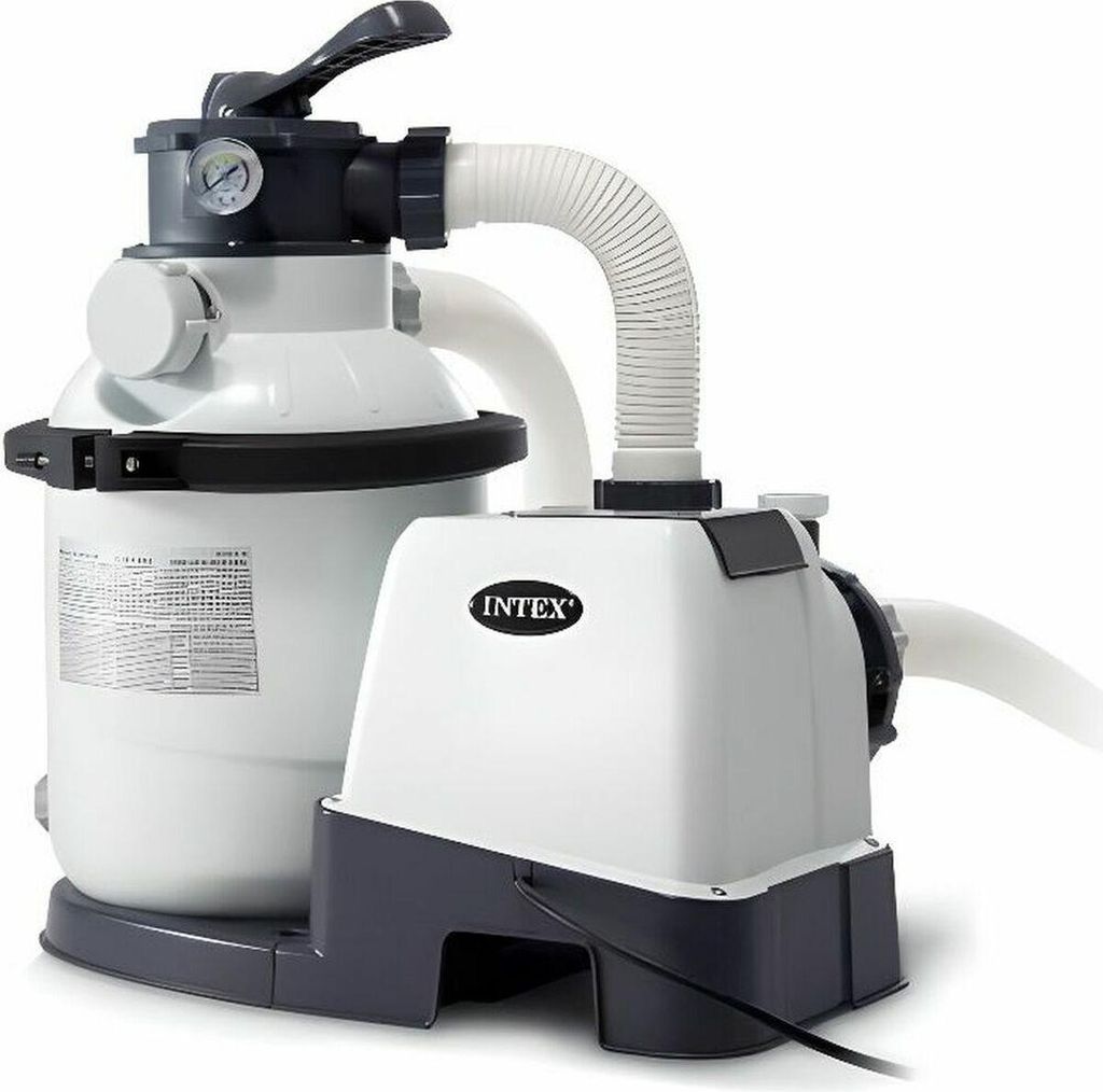 A white and gray Intex sand filter pump for a swimming pool is shown against a white background.