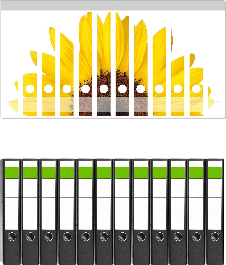 Wallario 12 Stück schmale Ordner inkl. Klebeetiketten mit Motive Sonnenblume - Set mit Rückenschildern / Ordnerrücken Stickern