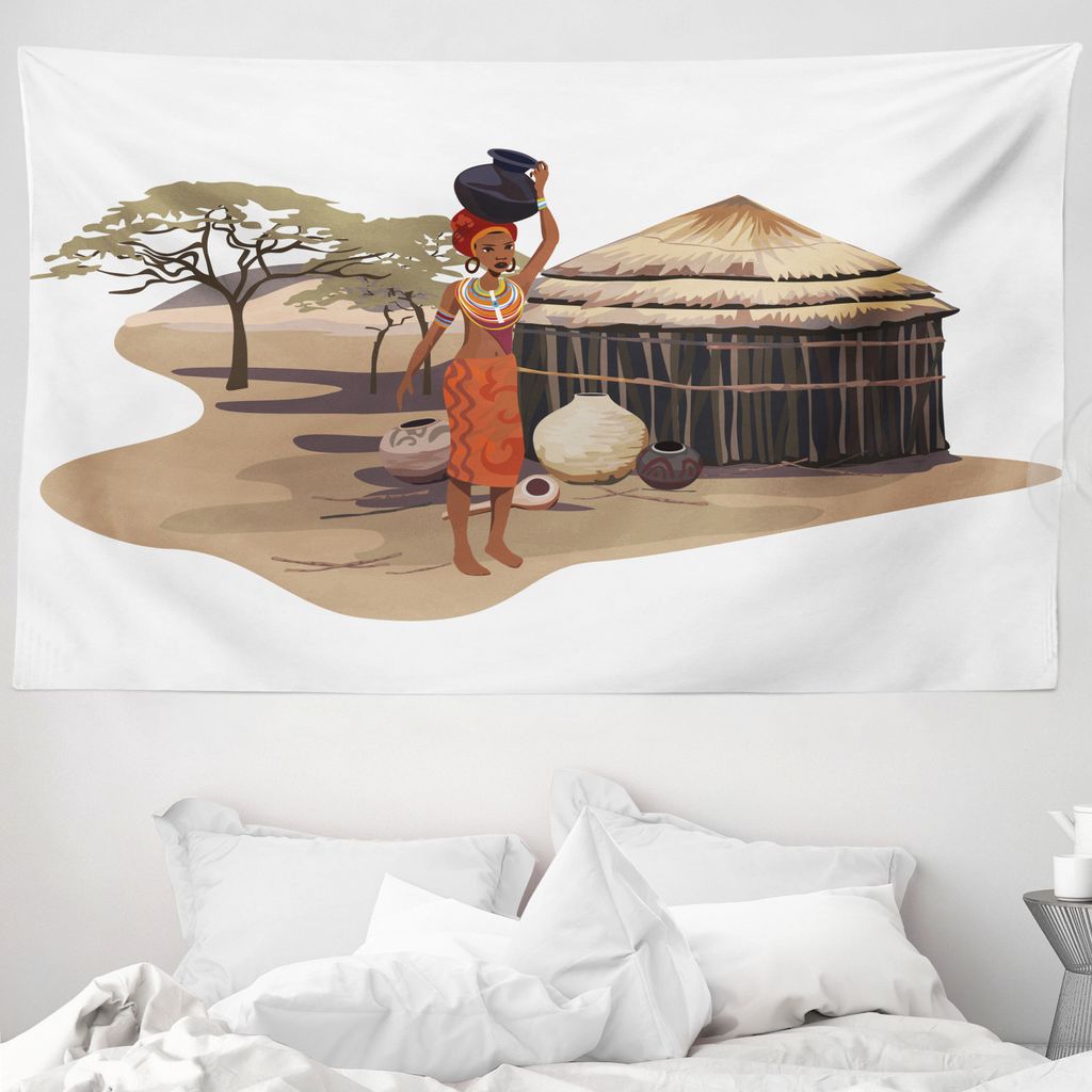 ABAKUHAUS afrikanische Frau Wandteppich, Frau mit Topf aus Weiches Mikrofaser Stoff Waschbar ohne Verblassen Digitaldruck, 230 x 140 cm, Mehrfarbig