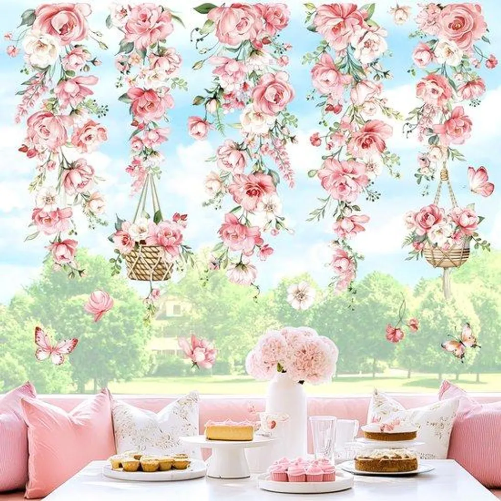 Autocollant mural vignes retombantes et fleurs roses motif nature