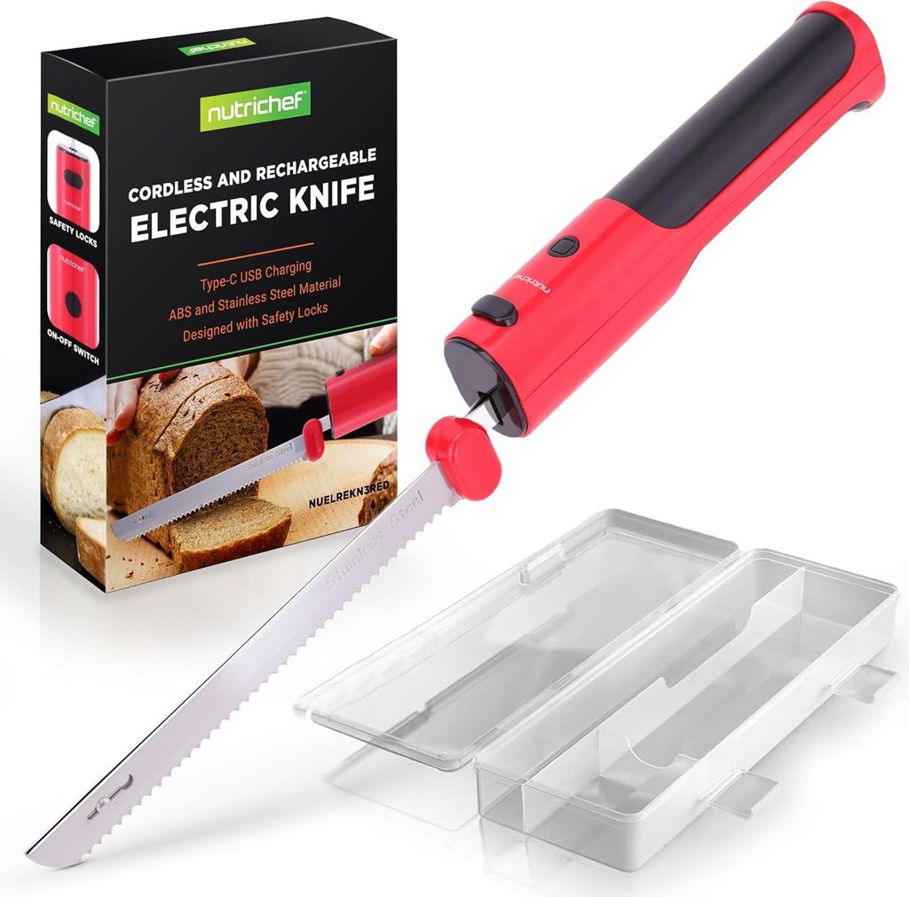 NutriChef Allesschneider Elektrisch – Akku Messer mit USB-C & 29 cm Klinge Kabellos tragbar für Fleisch und Brot