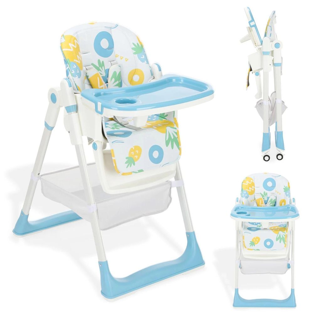 Baby Hochstuhl - Modell 8122 - Liegefunktion - Klappbar - Höhenverstellbar - Kunstledersitz - Metallrahmen - Blau