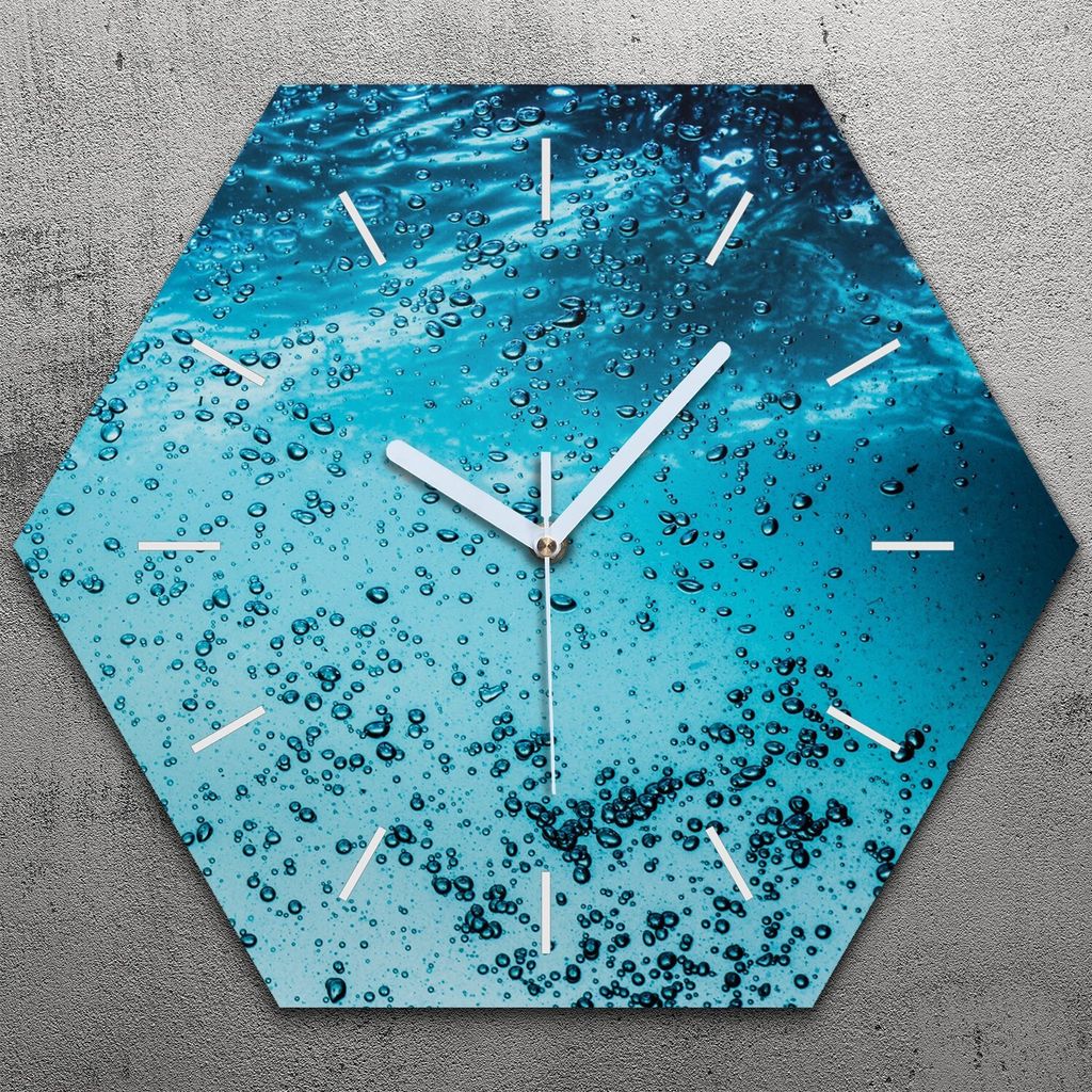 Uhr hexagonal 40 cm Glas Geräuschlos weiße Zeiger - Spritzen Wasser