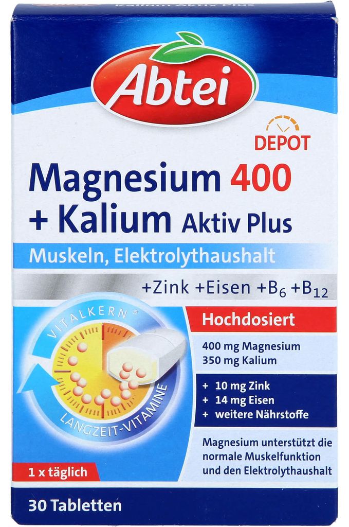 Abtei Magnesium 400 + Kalium aktiv plus Tabletten für Muskeln und Elektrolythaushalt, 30 St. Tabletten