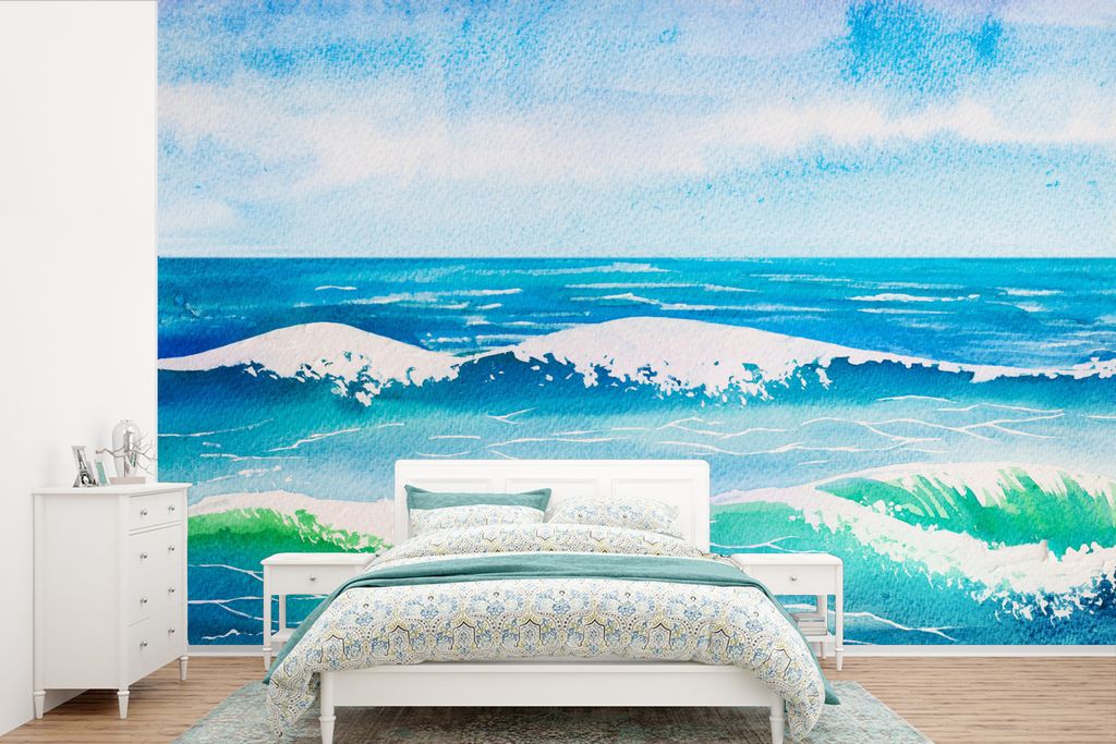 MuchoWow Fototapete für Wohnzimmer oder Schlafzimmer Wandtapete Vinyl Motivtapete Aquarell - Golf - Meer - 420x280 cm - Zimmer für Kinder