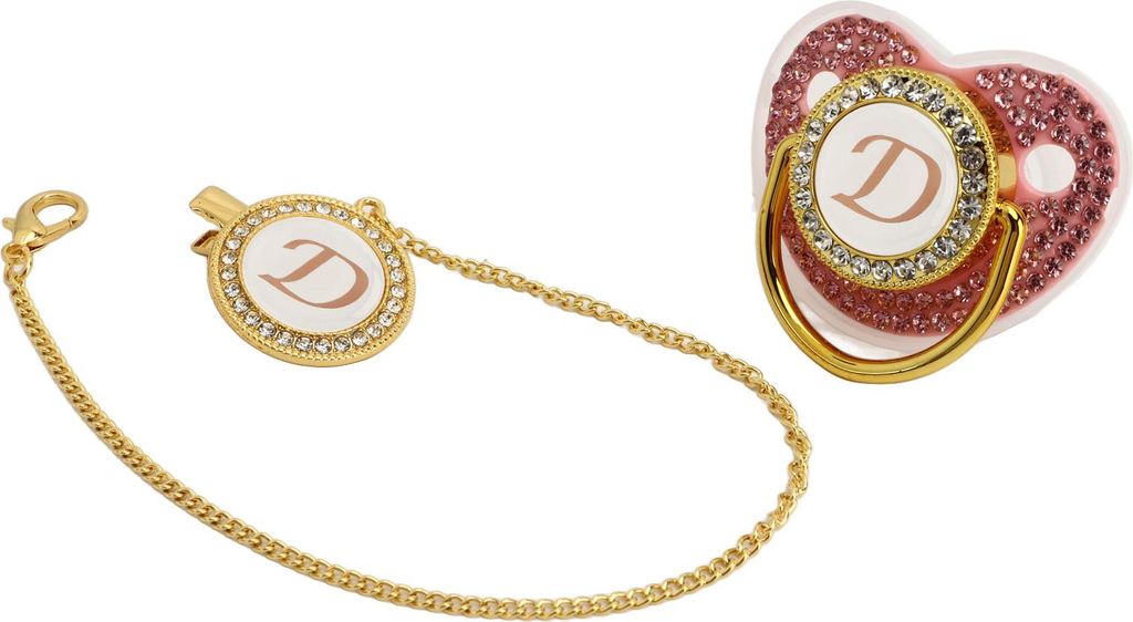 Golden Baby Schnuller bedeckter Strasssteine gekrümmte Design Silikon für Milchpulver Fütterungsbuchstaben D.