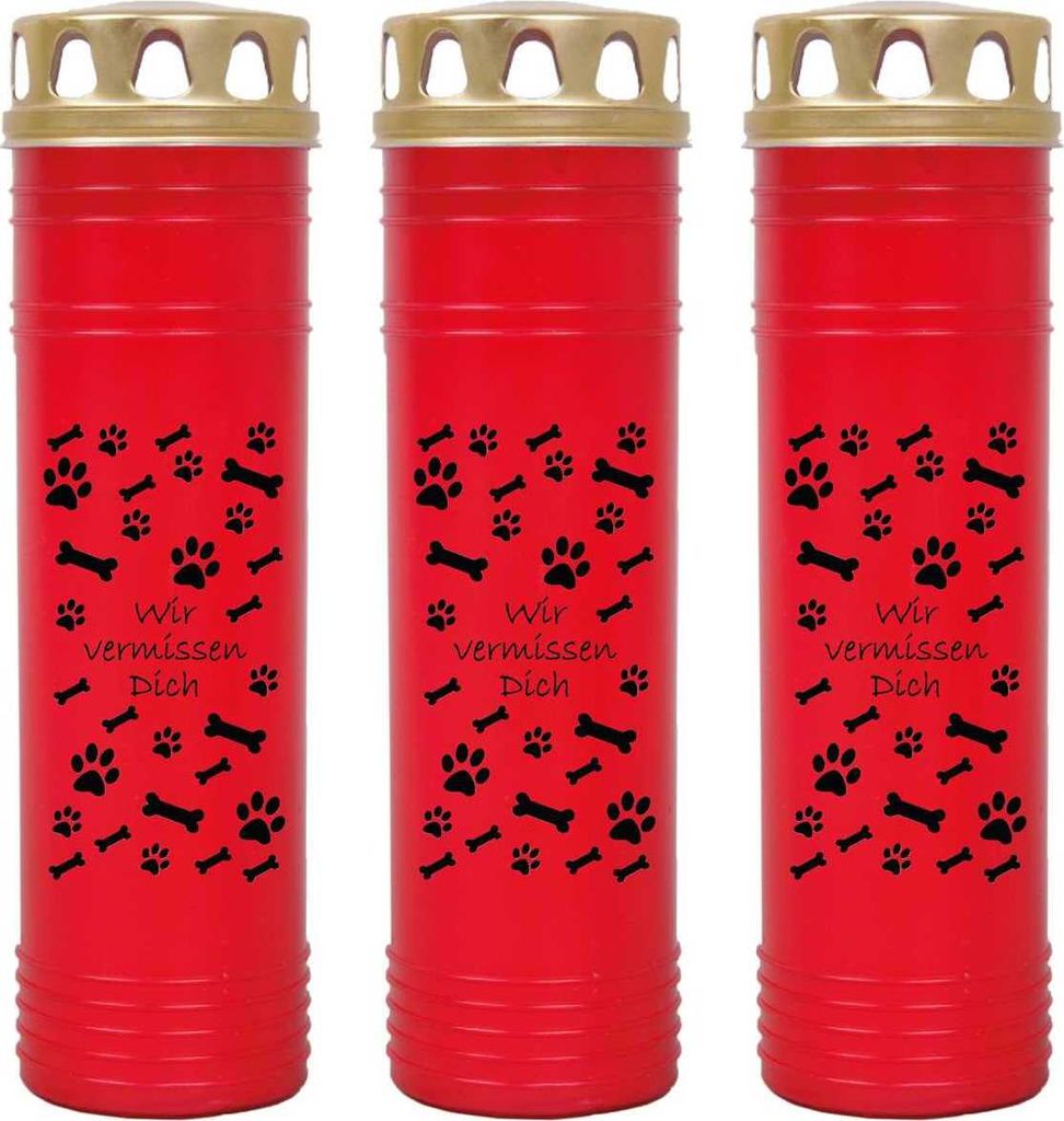 Grabkerze Rot 3er Pack, Brenndauer: 170 Stunden ( je Kerze ), Motiv: Knochen - Pfoten
