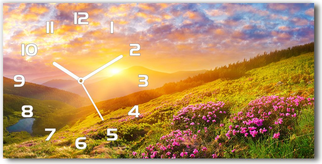 Wanduhr aus Glas – 60x30 cm - Glasbild - Glasuhr - Gehärtetes Glas - weisse-zeiger - Sunset Berge