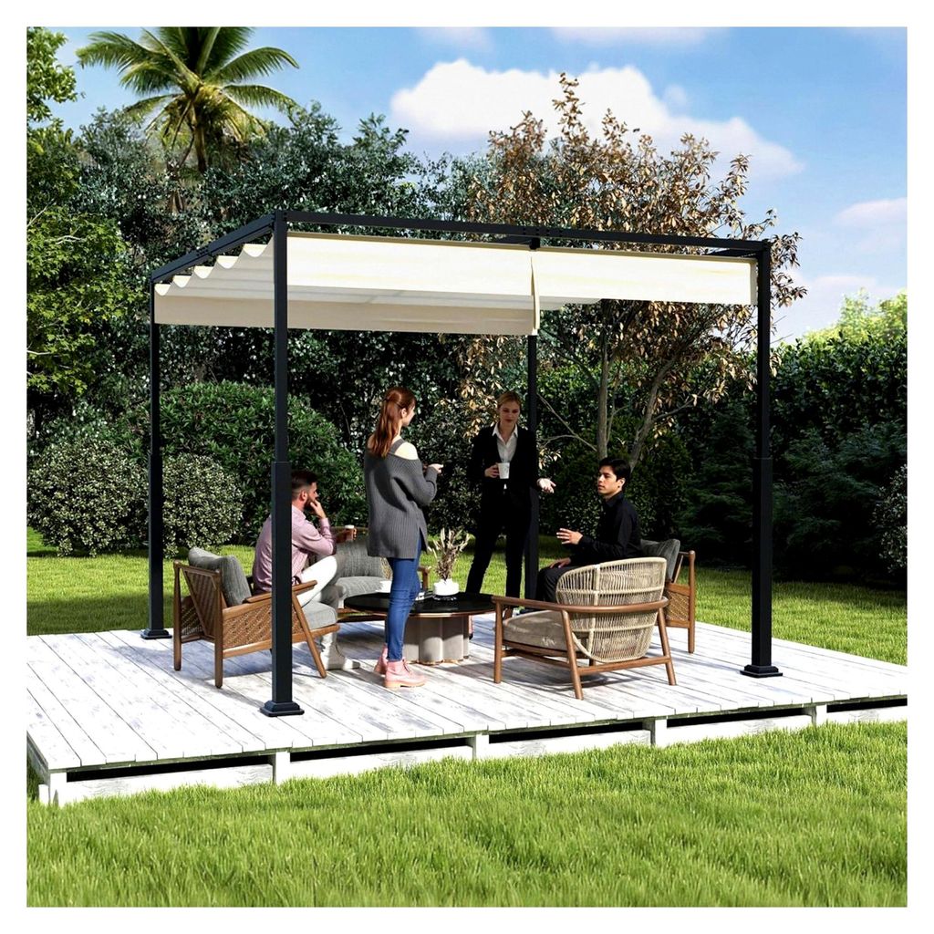 Freistehende Pergola 3×3 m Beige mit Schiebedach, stabiler Gartenpavillon aus pulverbeschichtetem Stahl, UV- und wasserdicht, freistehende Terrass...