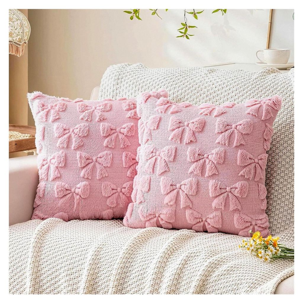 2 Stück Plüsch Kissenhüllen 45x45 cm mit Schleife in Rosa, Zierkissenbezüge für Wohnzimmer, Schlafzimmer, Büro, Balkon und Sofa