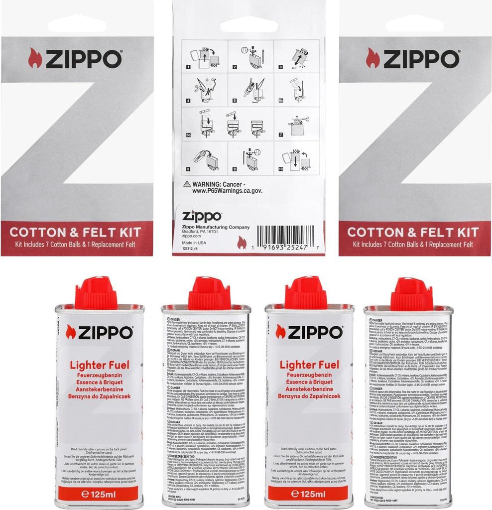 Zippo Original Sets Feuerzeugbenzin Feuersteine Flints Docht Wick Watte Filz 3 X Watte & Filz 10 x 125ml