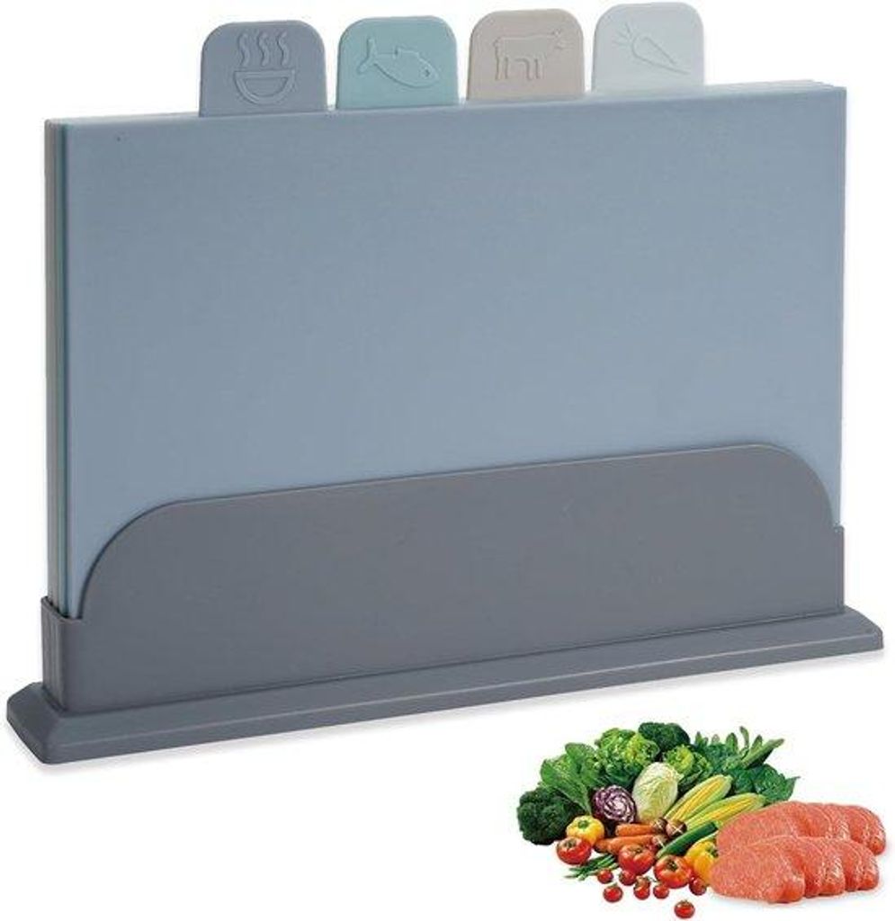 4-tegels-Snijplank-Set mit Stand, Waschmaschinenfest, Ideal für Fleisch, Fisch, Gemüse und Obst
