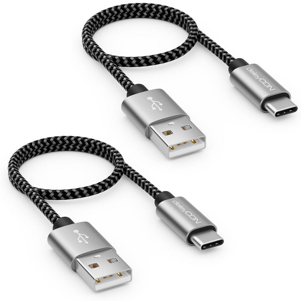 deleyCON USB-C Kabel SET (2 Stück je 0,30m) 30cm Kurz Nylon Produktbild