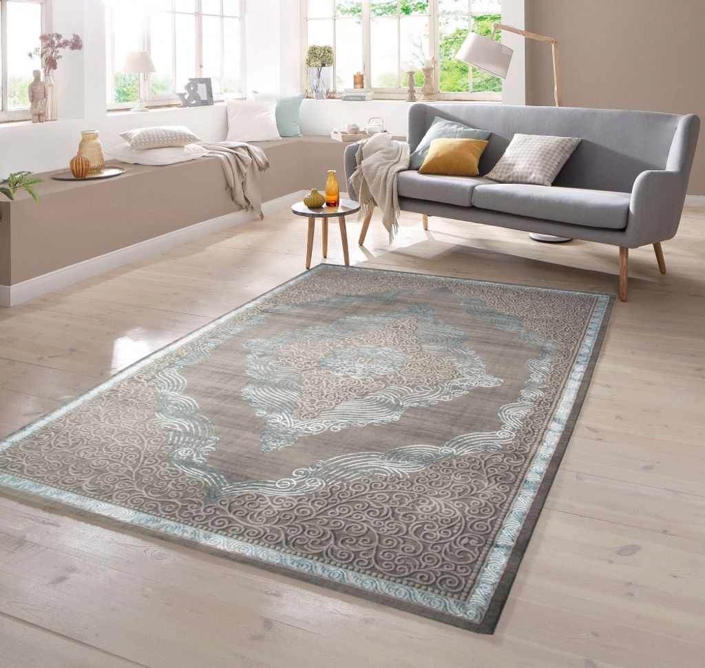 Designer Teppich Orient in Grau Silber Türkis Größe - 80 x 150 cm