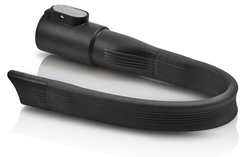 A black, flexible crevice tool for a vacuum cleaner is shown against a white background.