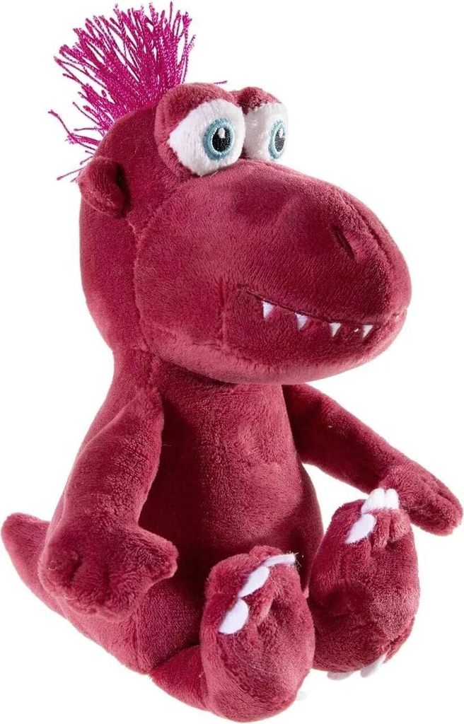 A plush toy dinosaur sitting down against a white background.