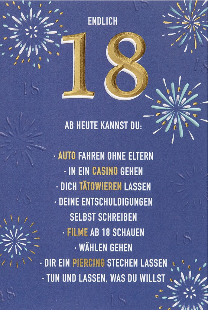 18. Geburtstag Karte mit Umschlag, unverpackt, Endlich 18! Produktbild 
